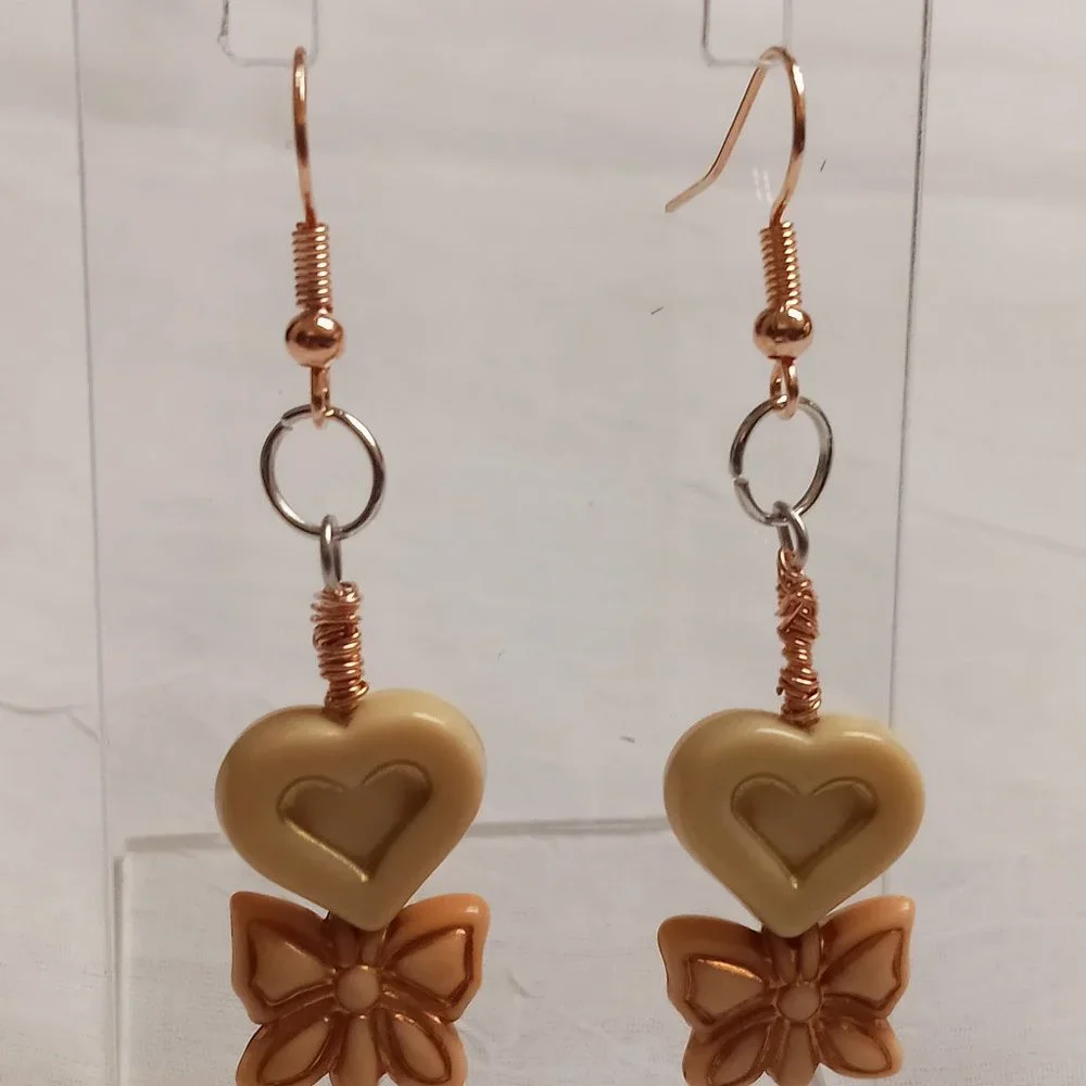 Steel Handmade Hand Crafted Heart & Bow Dangle Earrings Jewelry #54 - Picture 7 of 14